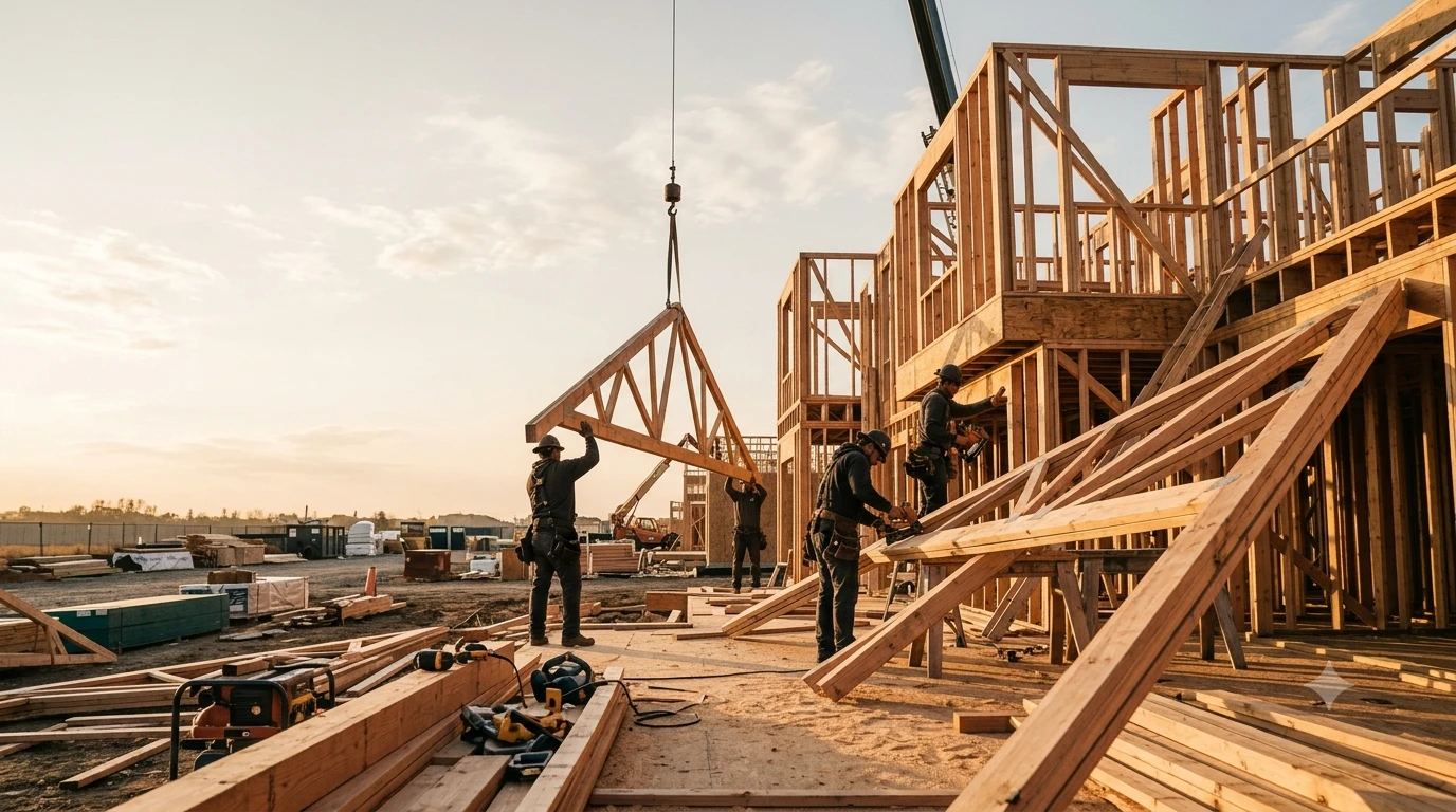 Construction crew framing a new home at golden hour