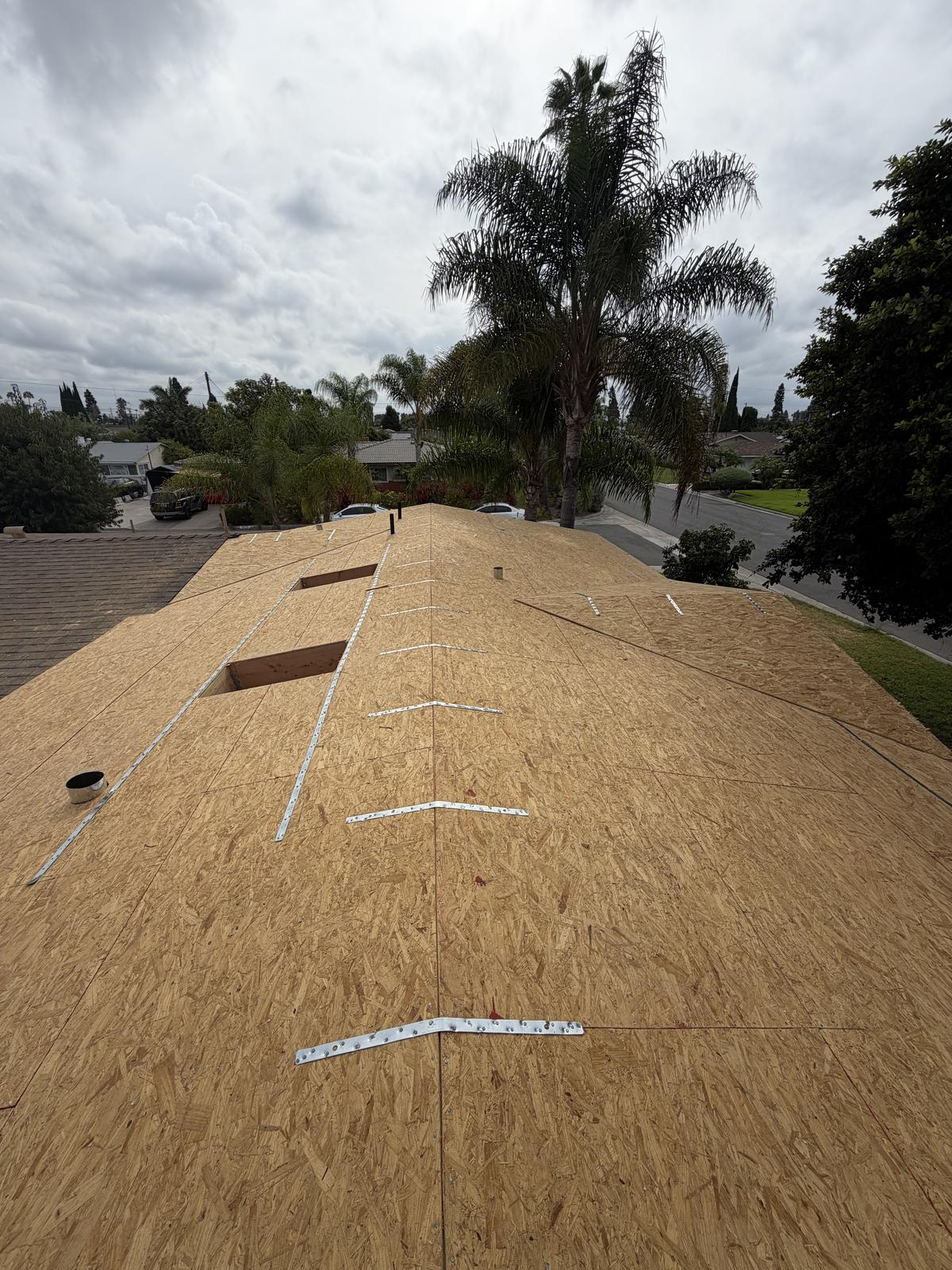 Aerial view of OSB roof sheathing and hurricane ties during ADU roof framing