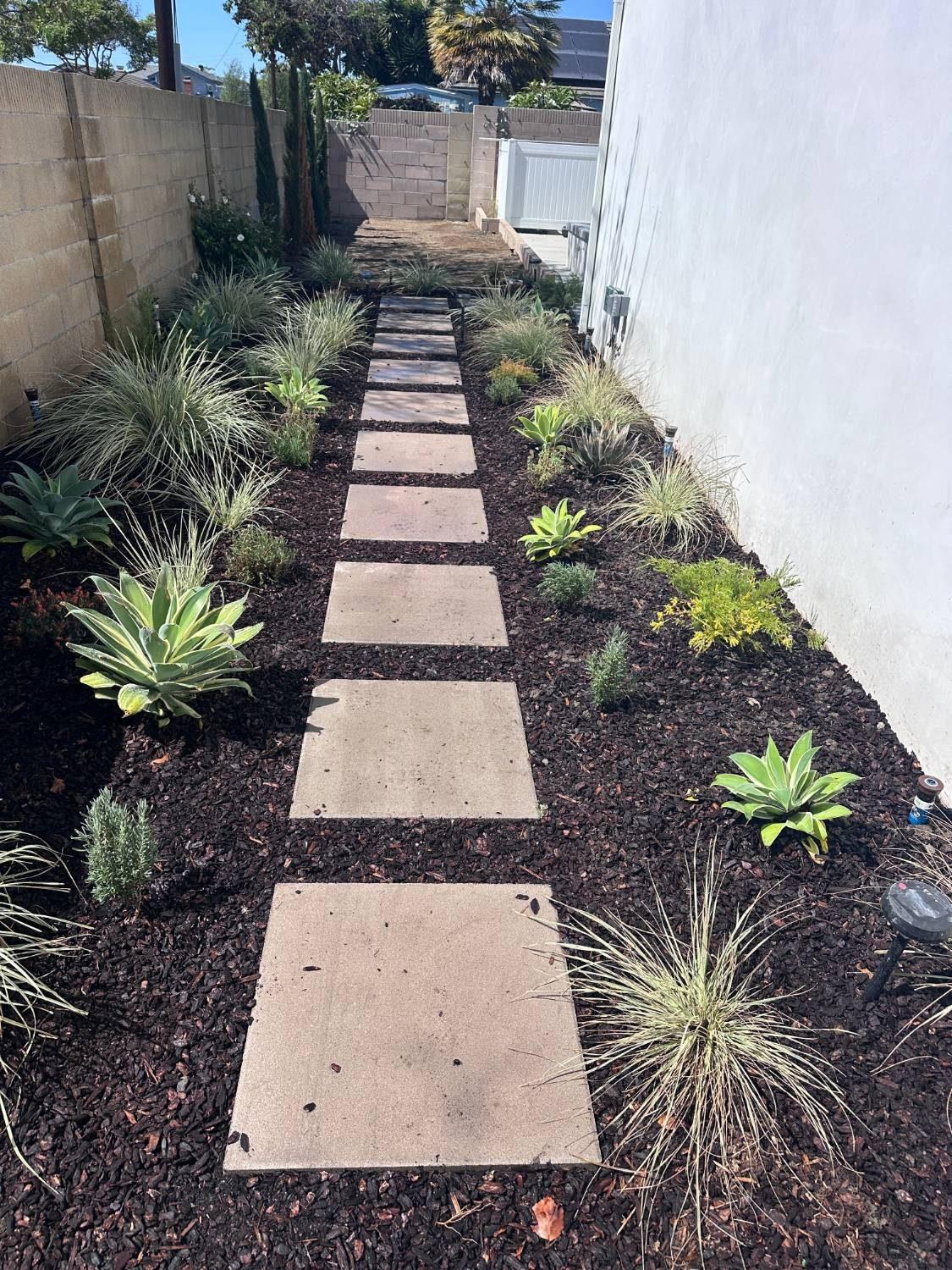 Stepping-stone path leading through a side-yard xeriscape planting bed toward a gate