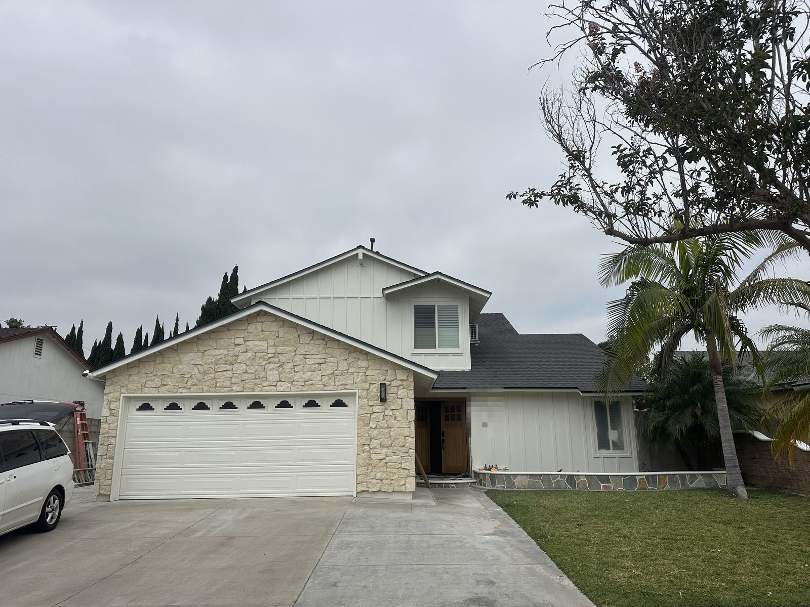 Front yard landscaping with new lawn, stone accents, and mature palm tree
